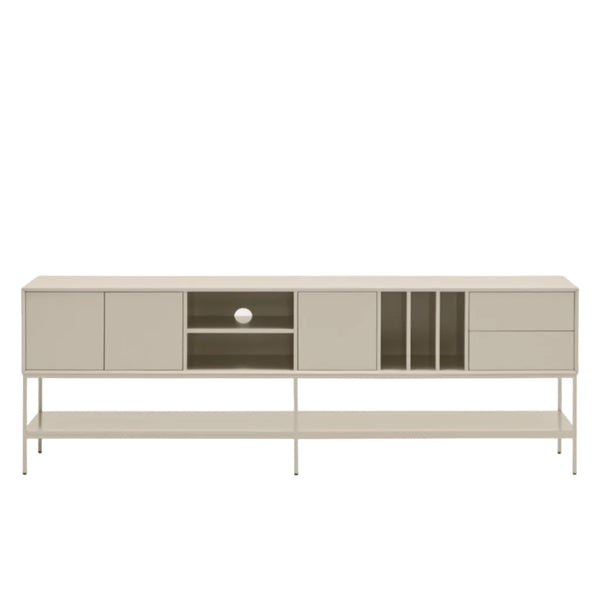 A modern low-profile sideboard cabinet with a light beige finish, featuring multiple doors, open shelves, and a slim metal frame, shown against a plain light gray background.