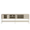 A modern low-profile sideboard cabinet with a light beige finish, featuring open shelving, two cabinet doors, and two drawers, supported by slim metal legs, shown against a plain light gray background.