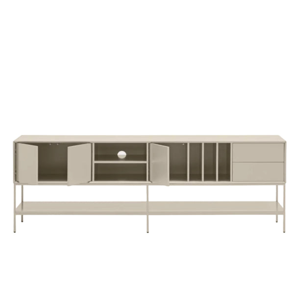 A modern low-profile sideboard cabinet with a light beige finish, featuring open shelving, two cabinet doors, and two drawers, supported by slim metal legs, shown against a plain light gray background.