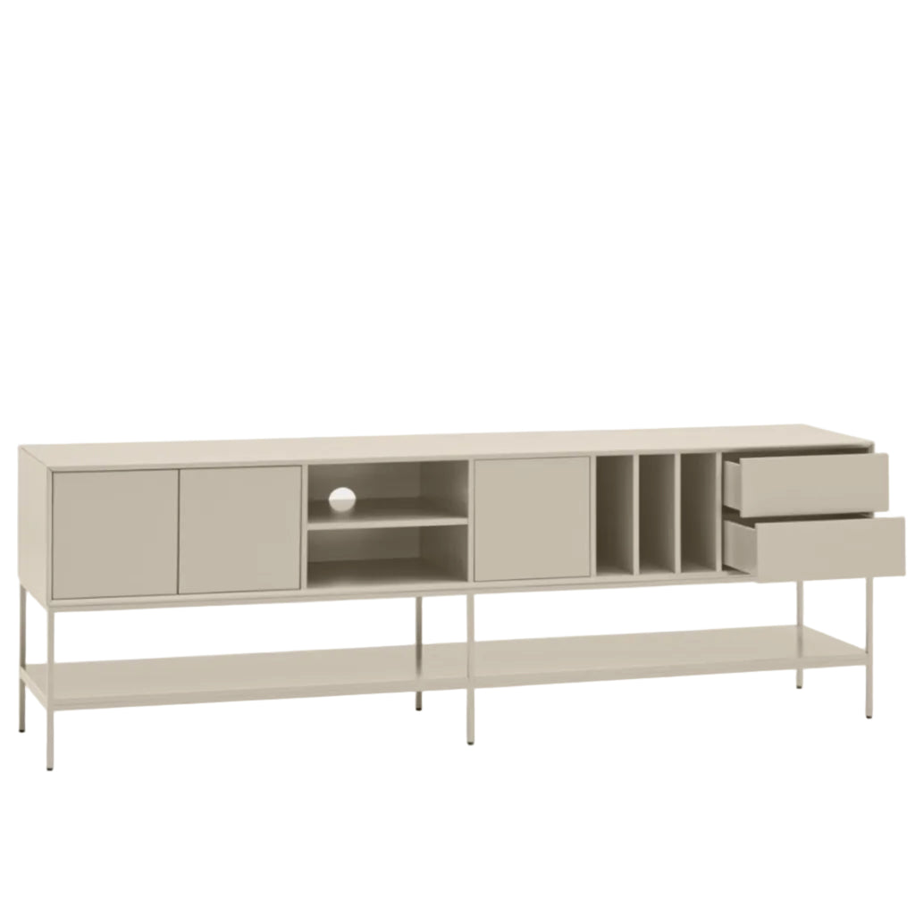 A modern sideboard cabinet with a light beige finish and slim metal legs, featuring closed doors, open shelving, and two partially pulled-out drawers on the right.