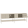 A modern sideboard cabinet with a light beige finish and slim metal legs, featuring closed doors, open shelving, and two partially pulled-out drawers on the right.