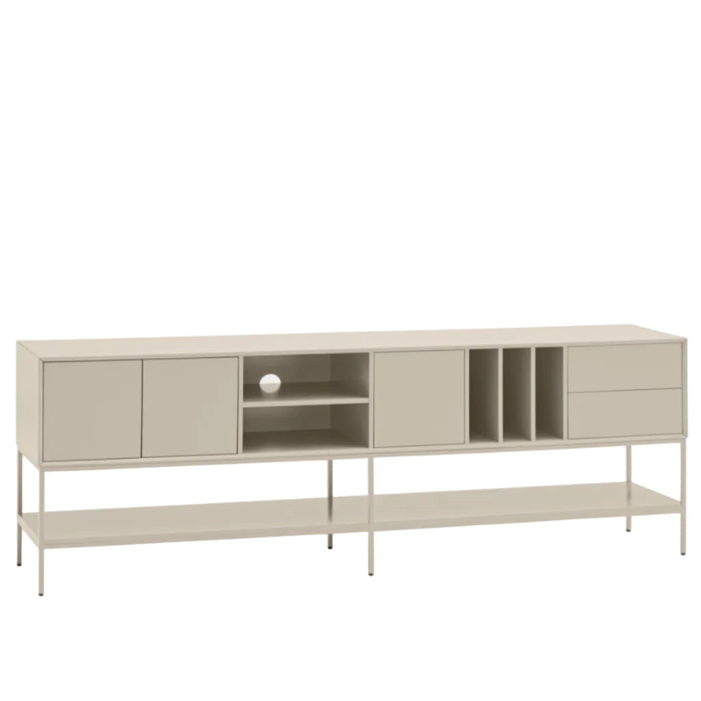 A modern sideboard cabinet with a light beige wood-grain finish and slim metal legs, featuring closed cabinets, open shelving, and drawers, set against a plain light gray background.