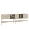 A modern sideboard cabinet with a light beige wood-grain finish and slim metal legs, featuring closed cabinets, open shelving, and drawers, set against a plain light gray background.
