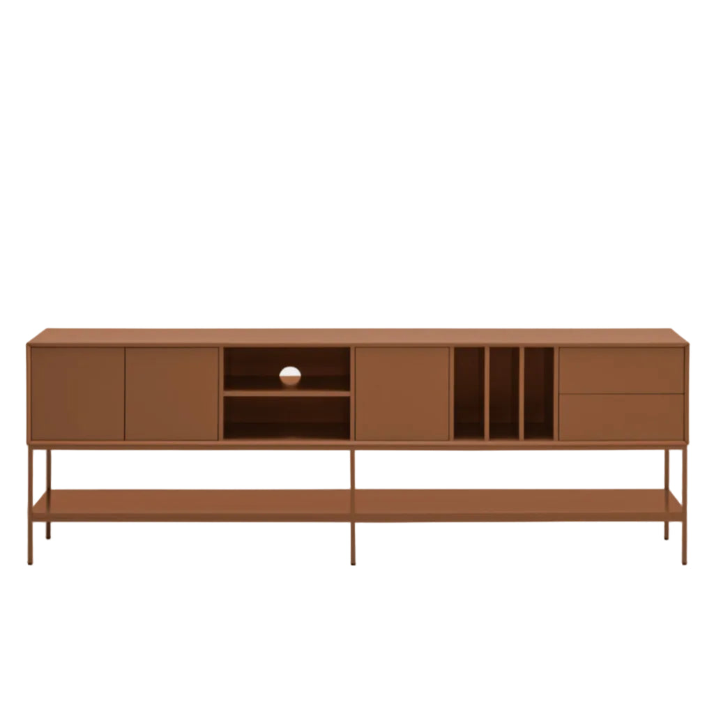 A mid-century modern sideboard cabinet in a warm brown finish, featuring closed doors, open shelving, and slim metal legs, shown against a light gray background.
