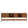 A mid-century modern sideboard cabinet in a warm brown finish, featuring closed doors, open shelving, and slim metal legs, shown against a light gray background.