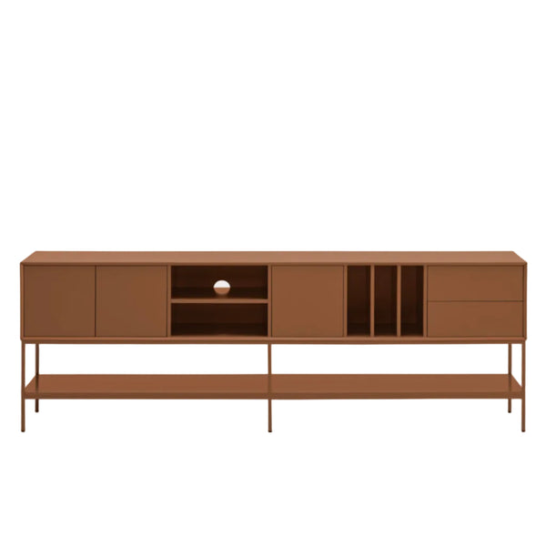 A mid-century modern sideboard cabinet in a warm brown finish, featuring closed doors, open shelving, and slim metal legs, shown against a light gray background.