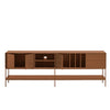A mid-century modern sideboard cabinet in a warm reddish-brown finish, featuring open and closed storage compartments, a lower open shelf, and slim metal legs, shown against a light gray background.