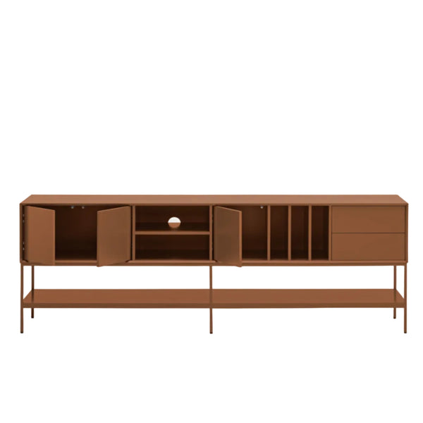 A mid-century modern sideboard cabinet in a warm reddish-brown finish, featuring open and closed storage compartments, a lower open shelf, and slim metal legs, shown against a light gray background.