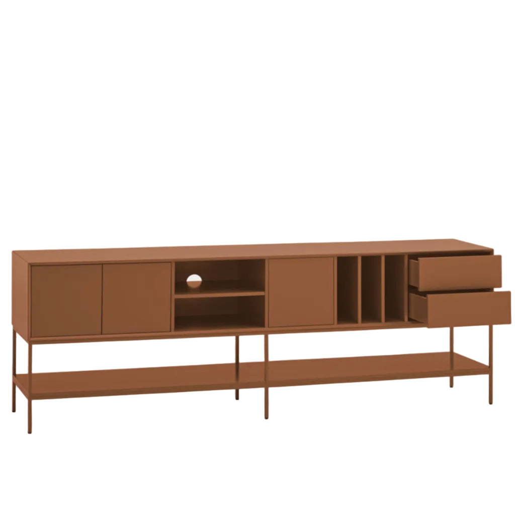 A mid-century modern sideboard cabinet in a warm terracotta brown finish, featuring two cabinet doors, open shelving, two drawers on the right, and an open lower shelf supported by slim metal legs, shown against a light gray background.