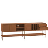 A mid-century modern sideboard cabinet in a warm terracotta brown finish, featuring two cabinet doors, open shelving, two drawers on the right, and an open lower shelf supported by slim metal legs, shown against a light gray background.