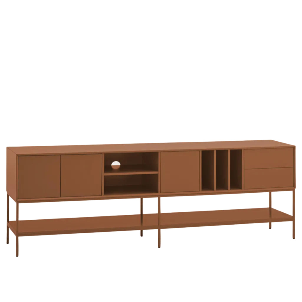 A mid-century modern sideboard cabinet in a warm terracotta brown finish, featuring closed cabinets, open shelving, and a lower open shelf supported by slim metal legs, shown against a light gray background.