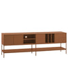 A mid-century modern sideboard cabinet in a warm terracotta brown finish, featuring closed cabinets, open shelving, and a lower open shelf supported by slim metal legs, shown against a light gray background.