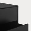 Close-up of a black drawer front with a slightly open drawer, shown against a plain light gray background.