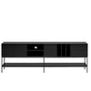 A modern black media console with a minimalist metal frame, featuring multiple storage compartments and a lower shelf, set against a plain light gray background.