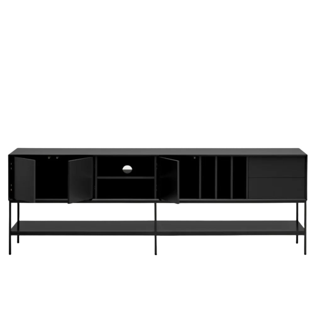A modern black media console with open shelving, cabinet doors, and a lower shelf, supported by slim metal legs, shown against a light gray background.