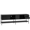 A modern black sideboard or media console with a minimalist metal frame, featuring closed cabinets, open shelving, and a partially pulled-out drawer, shown against a light gray background.