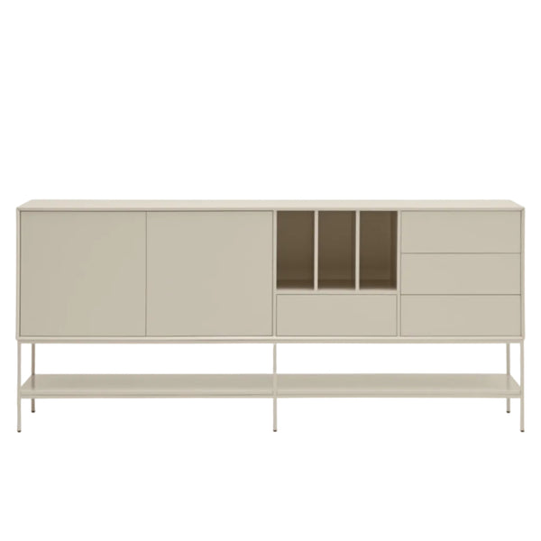 A modern sideboard cabinet with a light beige finish, featuring two large doors, a central open cubby, three drawers, and a lower open shelf on a slim metal frame, set against a plain light gray background.