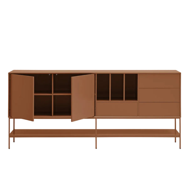 A mid-century modern sideboard cabinet in a warm terracotta brown finish, featuring open shelving, two cabinet doors, and a lower open shelf on a slim metal frame, shown against a light gray background.