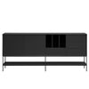 A modern black sideboard cabinet with a minimalist metal frame, featuring two cabinet doors on the left, three open storage cubbies in the center, drawers on the right, and a lower open shelf, shown against a light gray background.