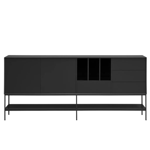 A modern black sideboard cabinet with a minimalist metal frame, featuring two cabinet doors on the left, three open storage cubbies in the center, drawers on the right, and a lower open shelf, shown against a light gray background.