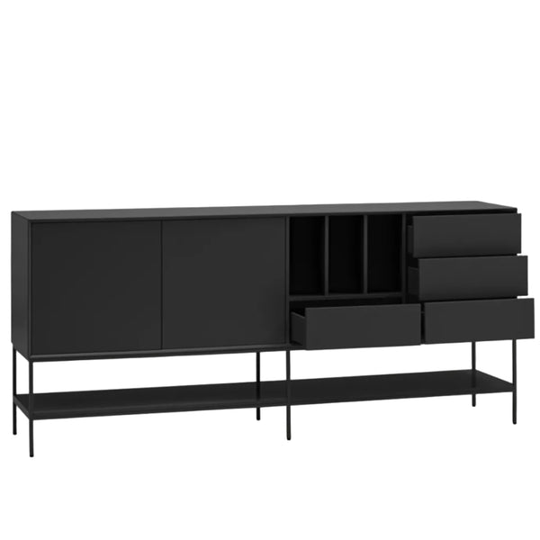 A modern black sideboard cabinet with a minimalist metal frame, featuring a sliding door, open shelving, three drawers, and a lower open shelf, shown against a light gray background.