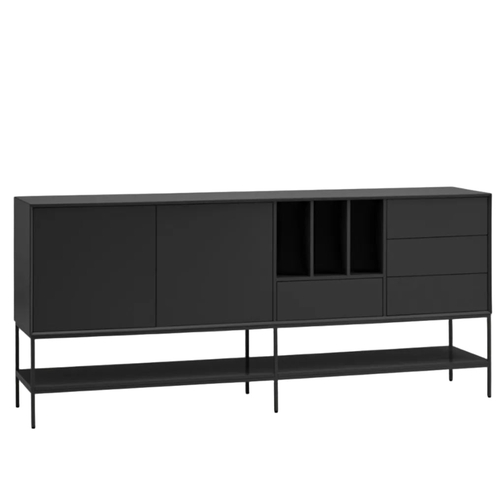 A modern black sideboard cabinet with a metal frame, featuring two cabinet doors, two open cubbies, two drawers, and a lower open shelf, shown against a light gray background.