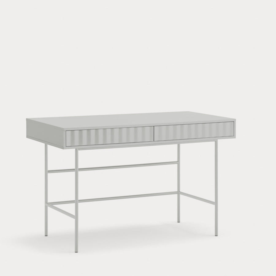 A light grey Sierra two-drawer desk with a minimalist design and metal legs.