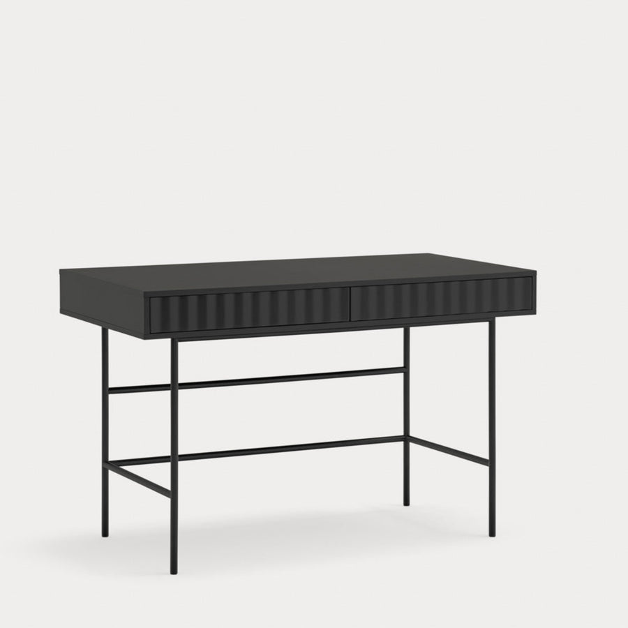 A sleek black two-drawer desk with a minimalist design and metal legs.