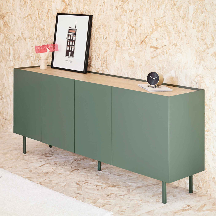 Arista Sideboard Four-Door Three-Drawer Four-Shelves - Matt Green & Light Oak Finish