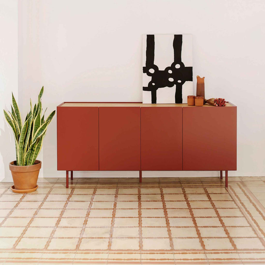 Arista Sideboard Four-Door Three-Drawer Four-Shelves - Matt Red and Light Oak Finish